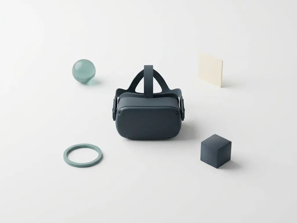VR headset centered on white surface surrounded by floating geometric shapes in charcoal, ivory, and teal tones.