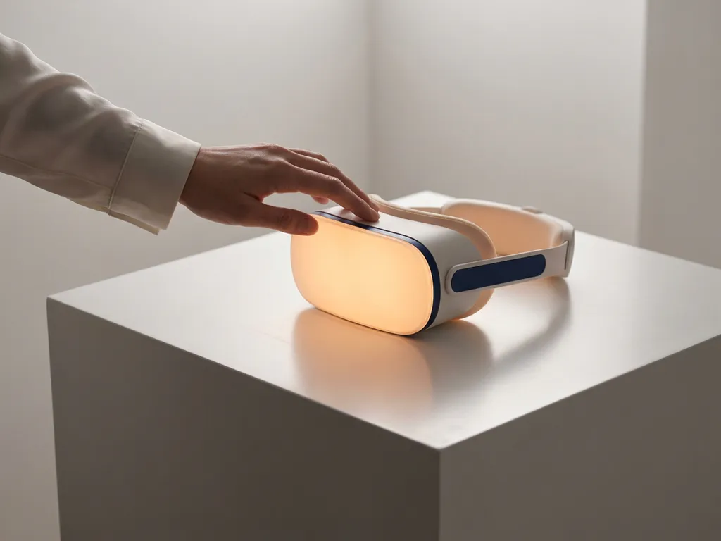 Hand reaching toward a glowing VR headset on a white surface, soft amber light casting subtle reflections in a minimalist composition.