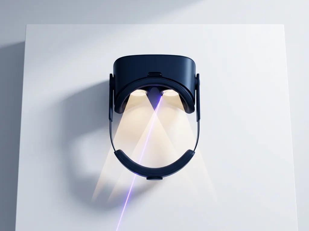 VR headset on matte white surface with geometric violet light beams from lens, overhead flat lay, midnight blue and ivory tones.