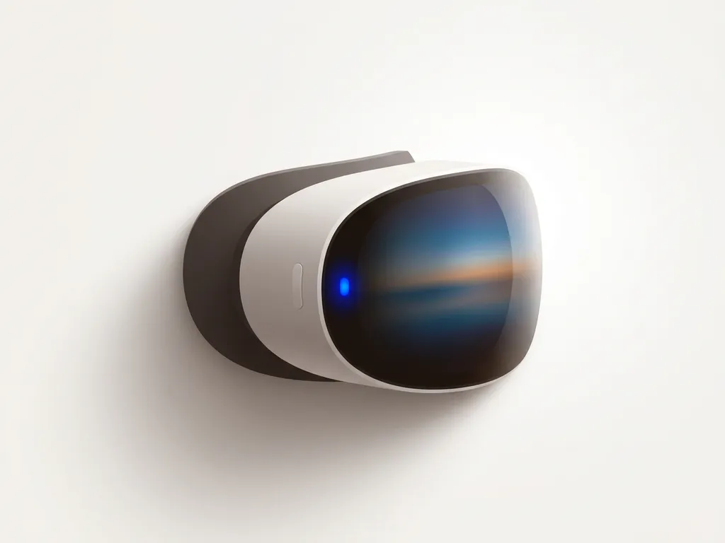 VR headset on white surface with electric blue accent, curved lens reflecting a panoramic horizon, minimalist flat lay composition.