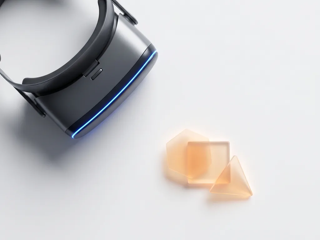 VR headset and geometric pricing tier cards arranged in a flat lay on a white surface with cool and amber studio lighting.