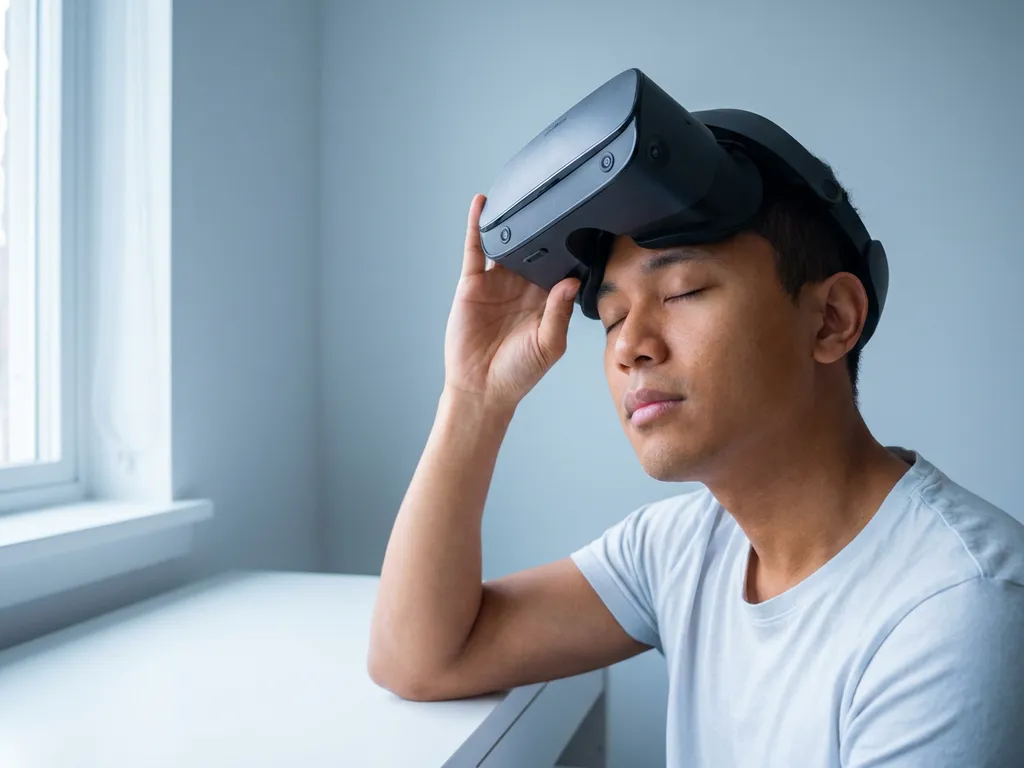 Person removing a VR headset with eyes closed, pausing mid-gesture in soft cool light above a minimal white desk.
