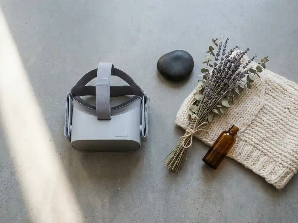 VR headset on polished concrete beside a smooth stone, dried botanicals, and fabric swatch representing sensory experiences beyond virtual reality.