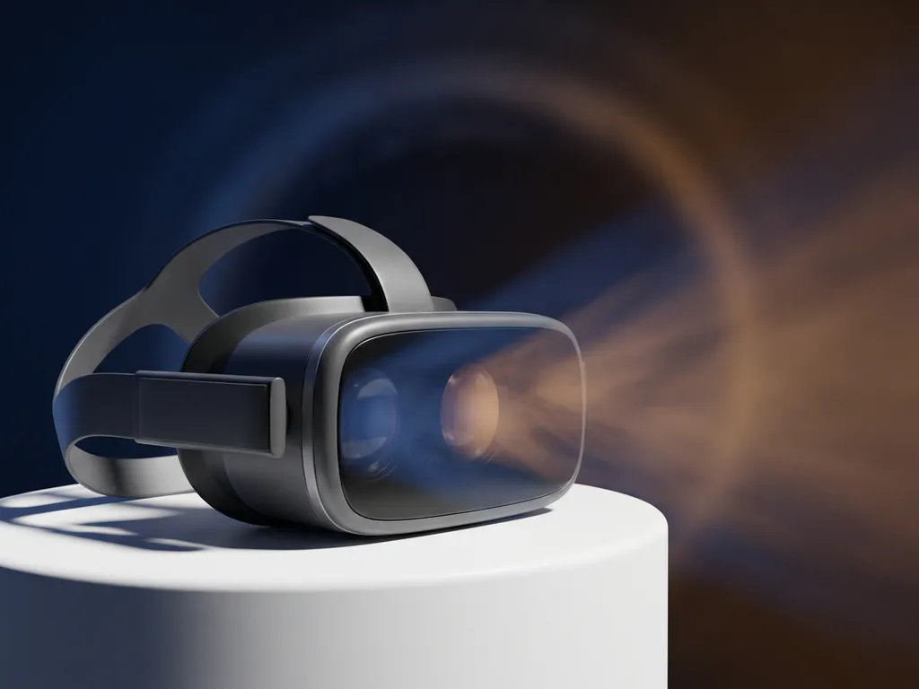 VR headset on white surface emitting warm amber light from lenses against a deep navy background.