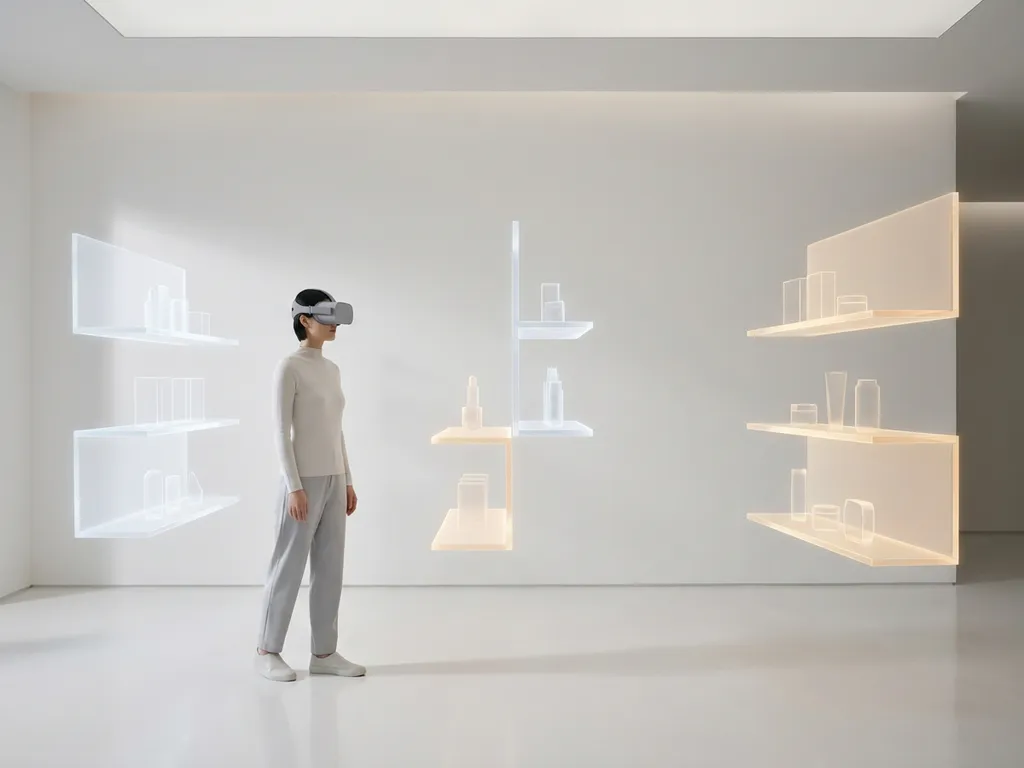 Shopper in VR headset exploring virtual product shelves in a minimalist white retail space with warm amber and cool white lighting.
