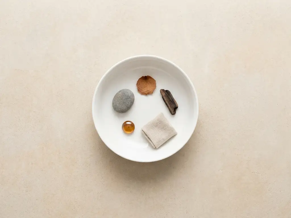 White porcelain bowl with five mindful objects — stone, dried petal, dark wood, glass bead, and folded fabric — arranged in circular balance on concrete.