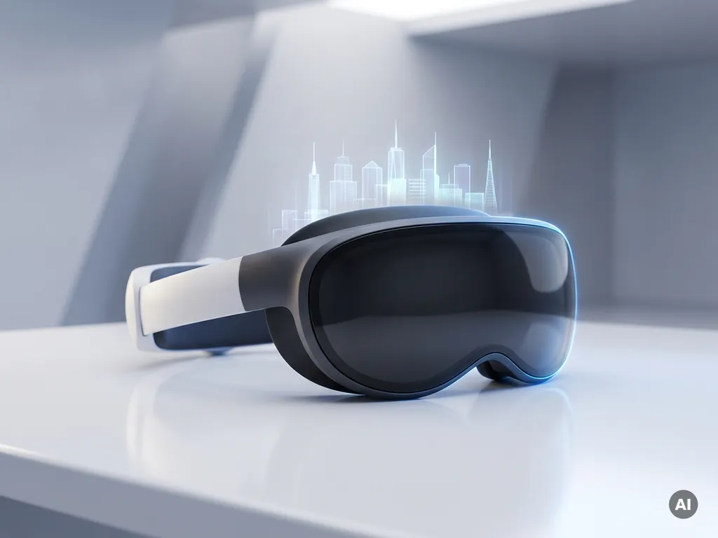 AR headset on white surface with translucent holographic cityscape projection in blue and charcoal tones.