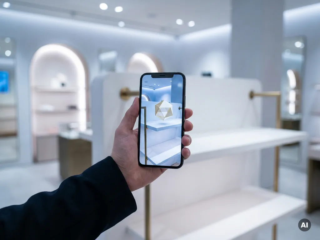 Smartphone displaying augmented reality product floating above a white retail shelf in a sleek store with gold accents.