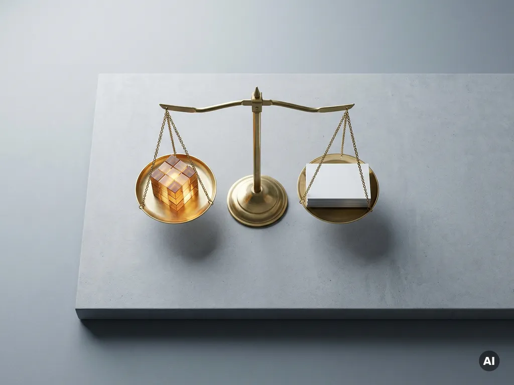 Brass balance scale weighing a glowing geometric cube against a stack of white cards on a concrete surface, shot from above in diffused studio lighting.