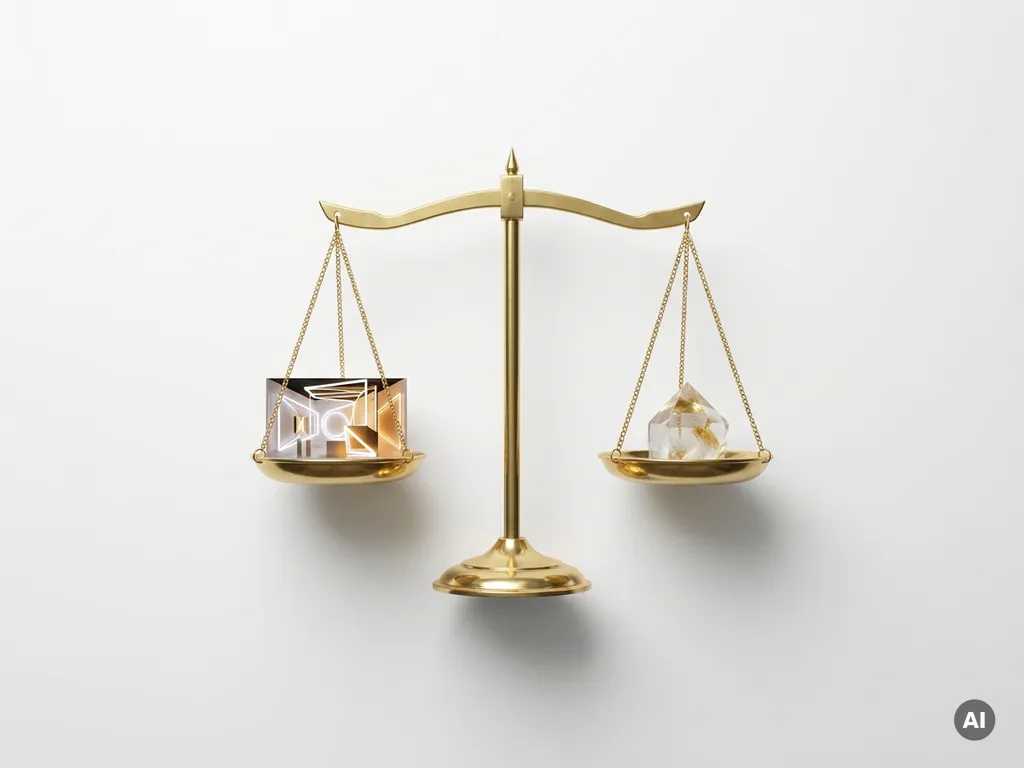 Brass scale balancing a miniature architectural installation model against a geometric crystal on a white surface.