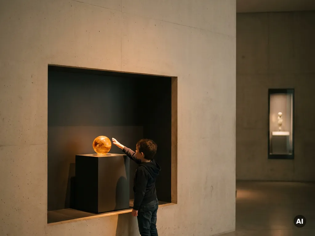 Child reaching toward a glowing artifact in a minimalist museum alcove, warm amber spotlight illuminating pale concrete walls and a display case.