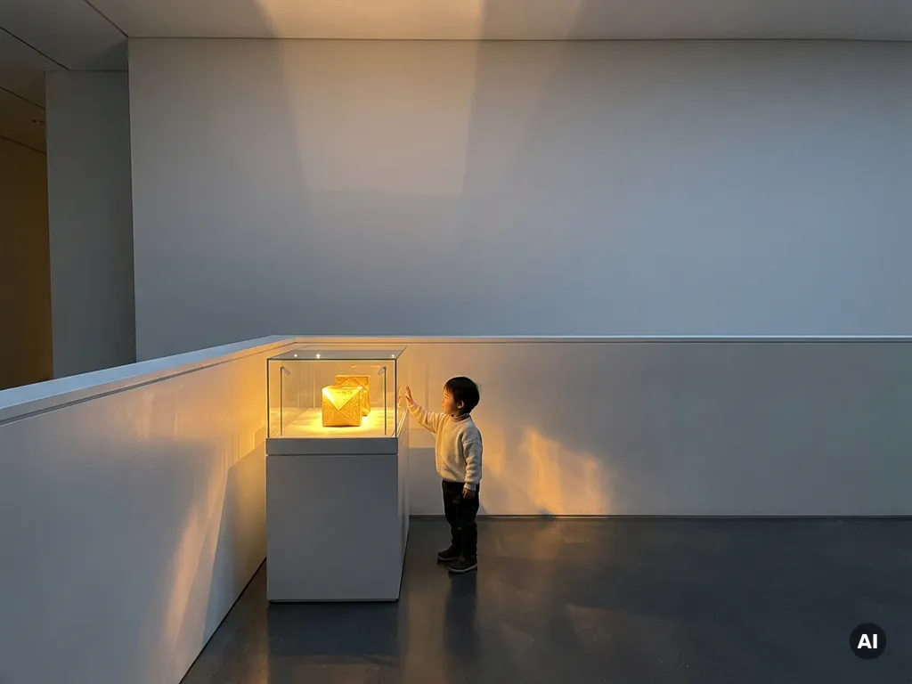 Child reaching toward a glowing artifact in a sleek museum display case, warm amber light against white minimalist walls.