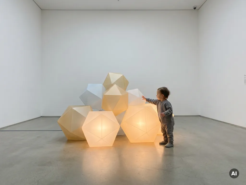 Child reaching toward a glowing geometric art installation in a white museum, warm amber light pooling on the floor.