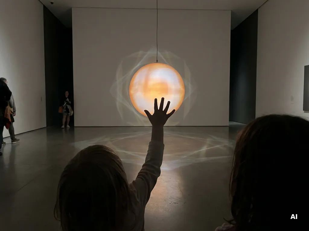 Child reaching toward a glowing suspended orb at a minimalist museum exhibit, warm amber light pooling on the white gallery floor.