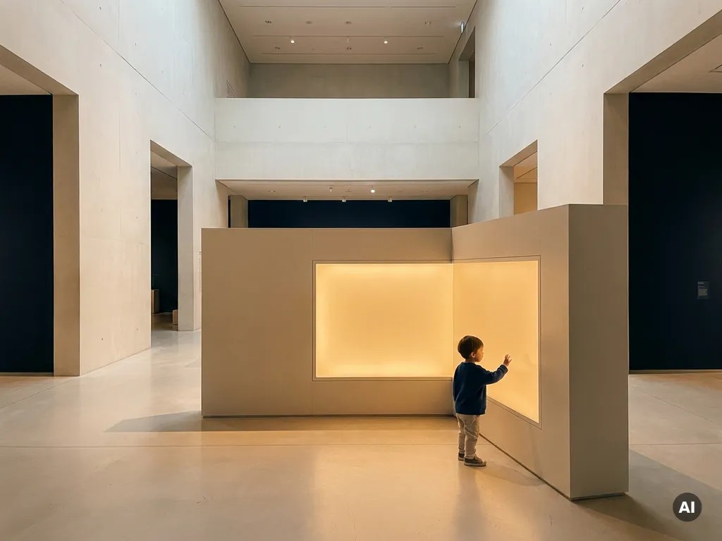 Child reaching toward a glowing interactive museum display panel in a minimalist gallery with warm amber light on pale concrete floors.