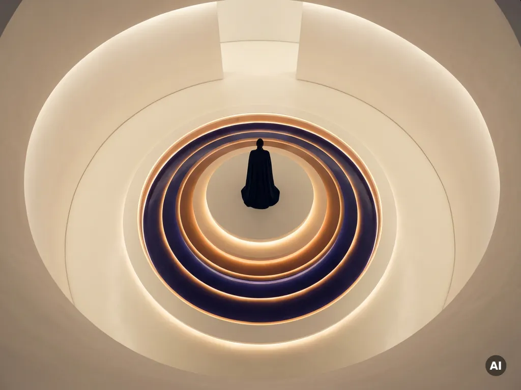 Person standing at the center of a glowing circular room with concentric amber and indigo light rings, viewed from directly above.