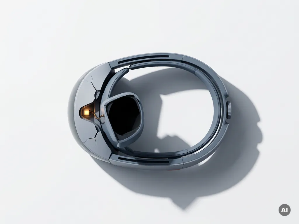 Cracked AR headset with detached lens on white surface, shot from above in cool grey and amber tones with dramatic side lighting.