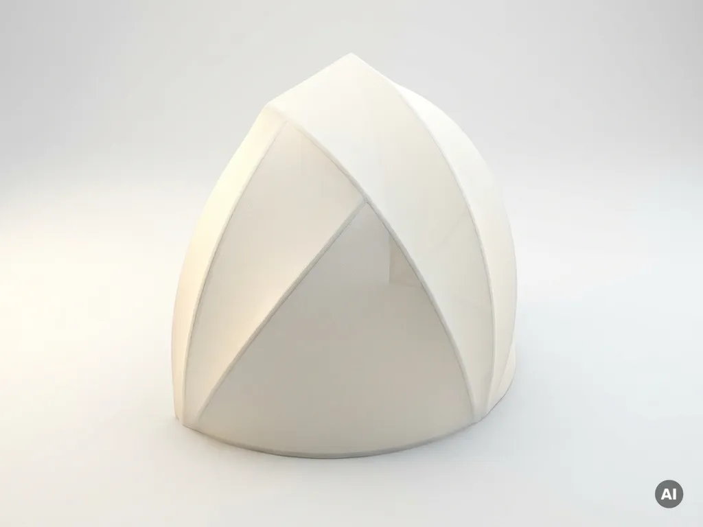 Curved dome panel fragment standing upright on white studio floor, smooth tensile fabric surface showing subtle texture and gentle shadows.