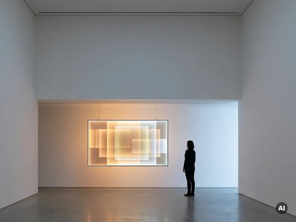Solitary visitor silhouetted before a glowing amber digital artwork projected on a white gallery wall.