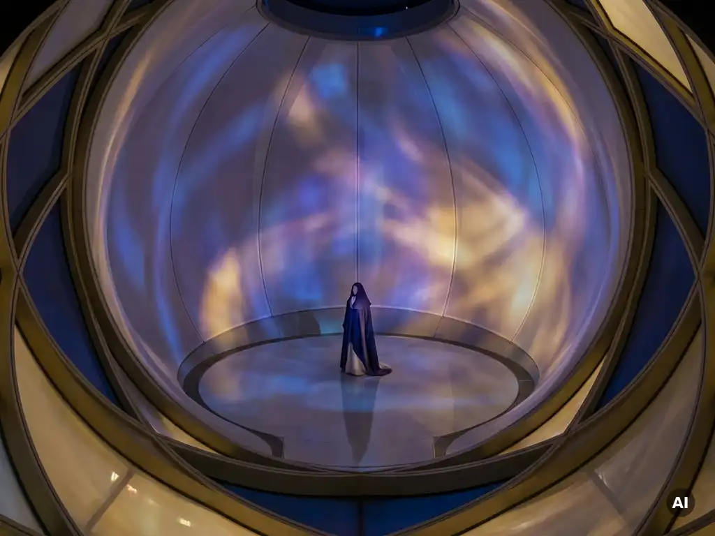 Solitary figure standing inside a glowing dome projection room with indigo and amber light curving across polished walls.