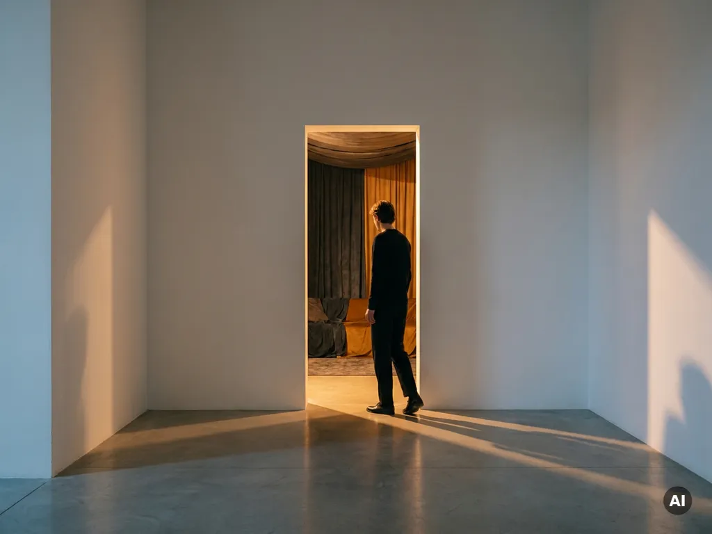 Person stepping through a glowing amber doorway, transitioning from a stark white wall into a warm, textured sensory environment with charcoal shadows.