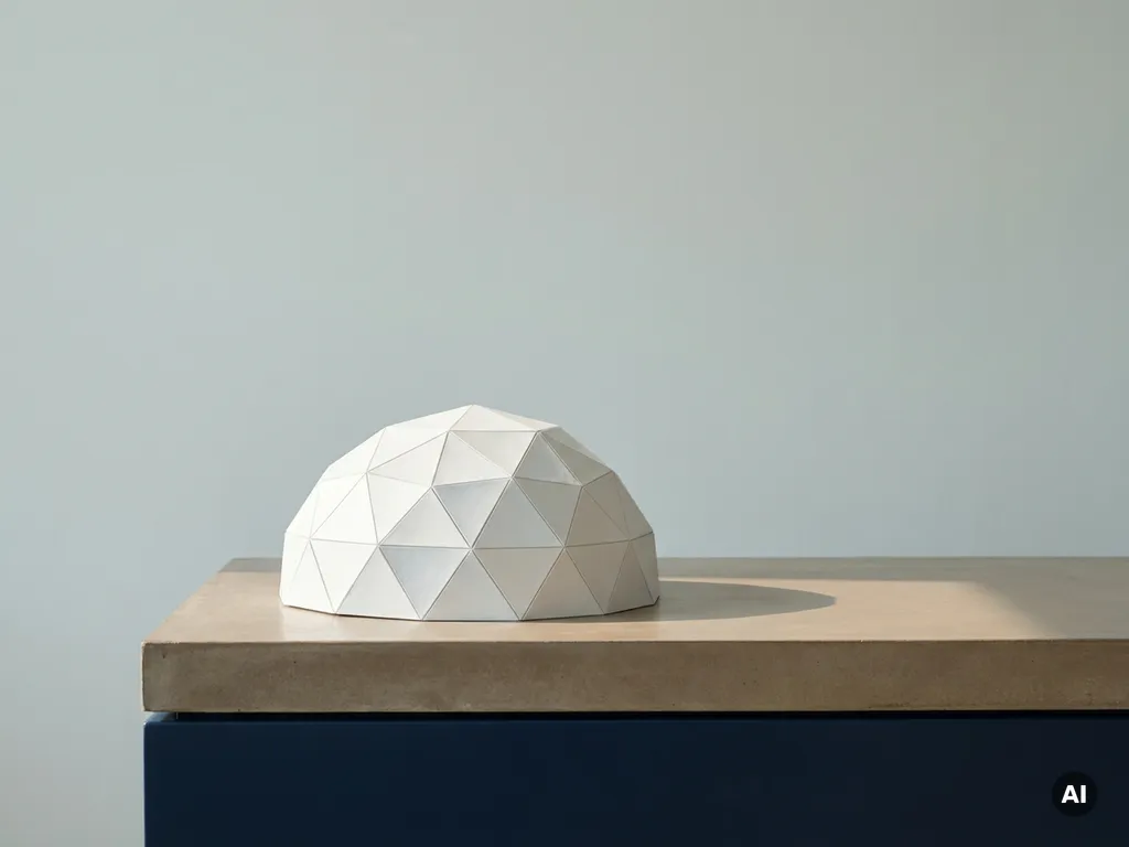 Geodesic dome architectural scale model with triangular white panels casting geometric shadows on a concrete surface.