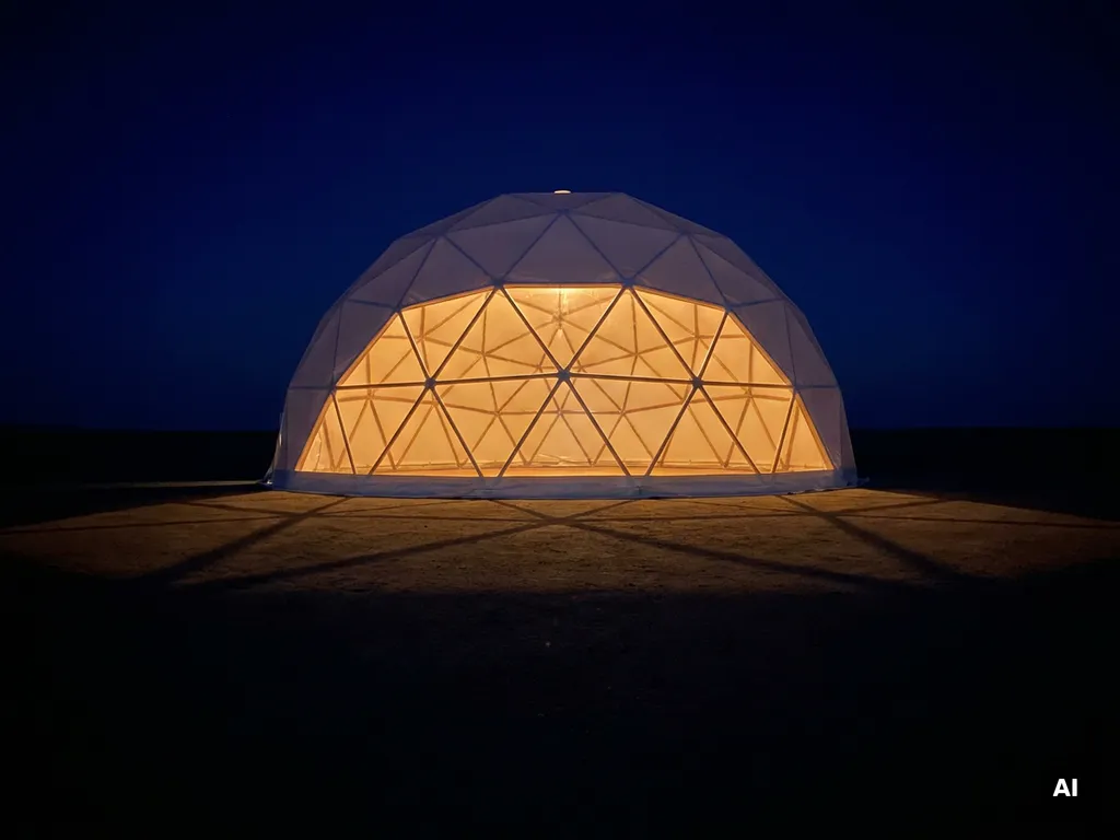 White geodesic dome glowing with warm amber light against a deep midnight blue sky, viewed from a low angle.