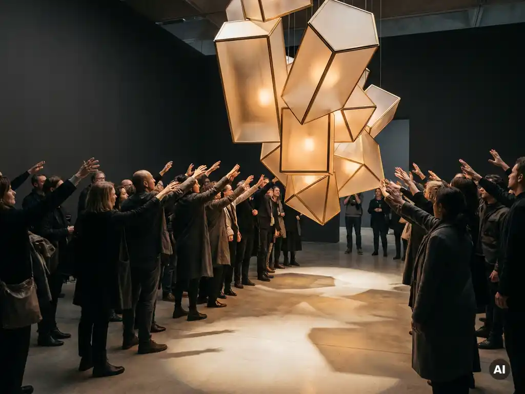 Crowd reaching toward a glowing amber geometric light installation in a darkened exhibition space, hands extended in warm gold light.