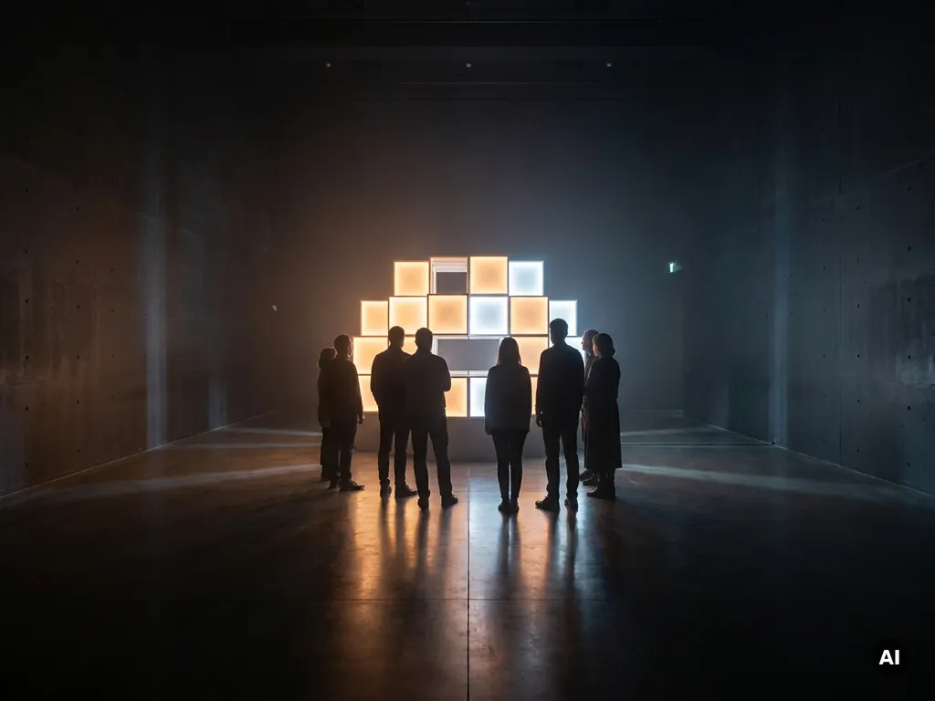 Minimalist exhibition space with geometric amber and white light installation drawing visitors across a dark floor.