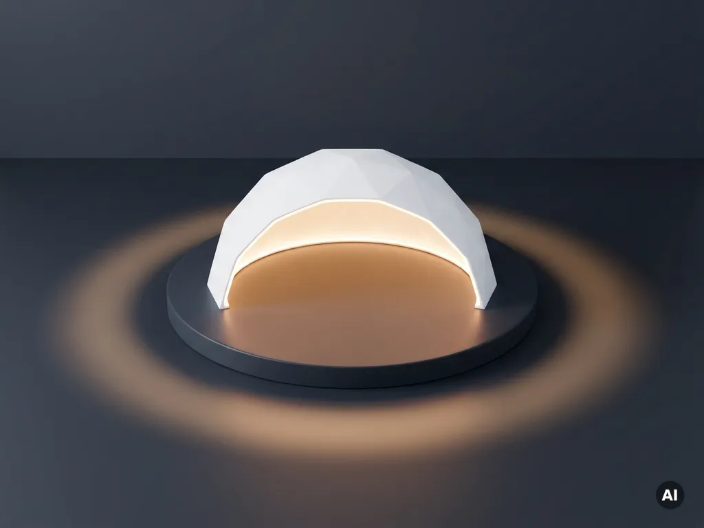 White geometric dome glowing with warm amber light on a charcoal surface, minimalist studio composition with soft diffused illumination.
