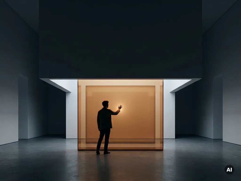 Visitor touching a glowing amber translucent panel in a darkened minimalist exhibition space, warm light illuminating their hand.