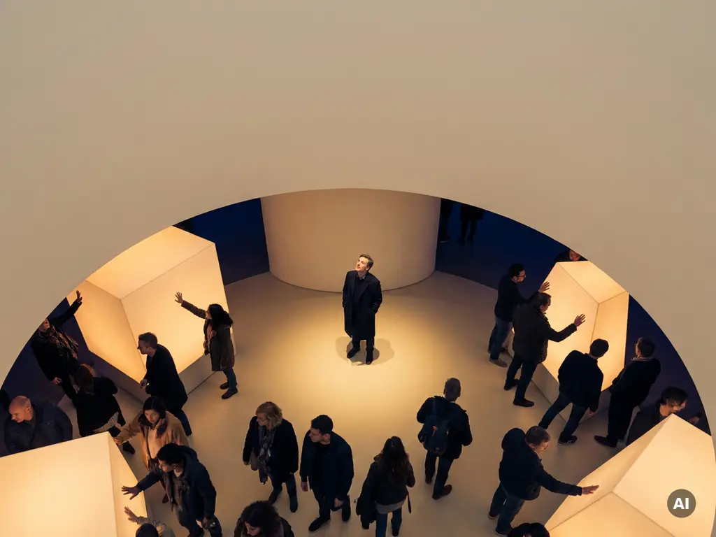 Visitors touching glowing sculptural surfaces in an immersive amber and indigo installation, one person pausing in wonder at the center.