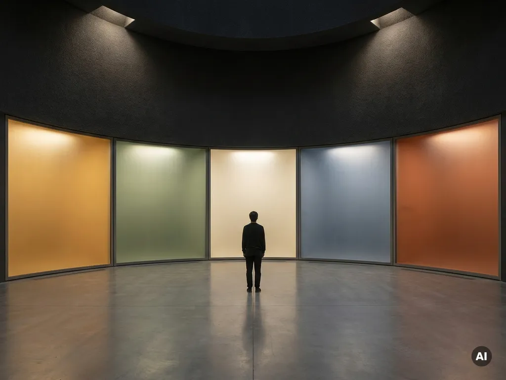Lone visitor surrounded by five curved glowing panels in amber, sage, ivory, slate blue, and terracotta inside a circular immersive gallery room.