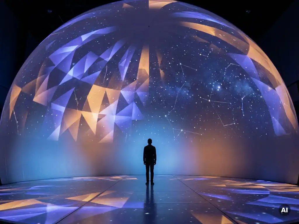 Lone silhouette standing inside a 360° immersive projection dome bathed in indigo and amber abstract light forms stretching into deep space.