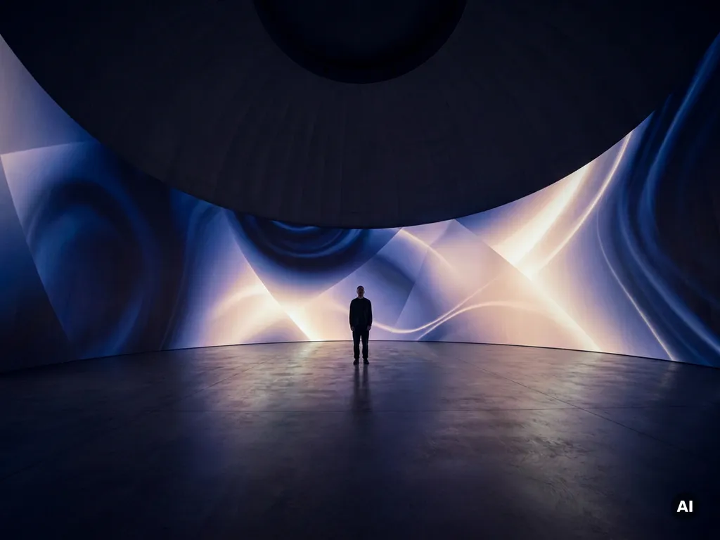 Lone figure dwarfed by a vast darkened dome room with 360° projected indigo and white light washing over curved walls.