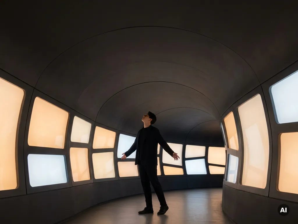 Person standing inside a curved immersive light installation with amber and white geometric panels casting a soft ambient glow.