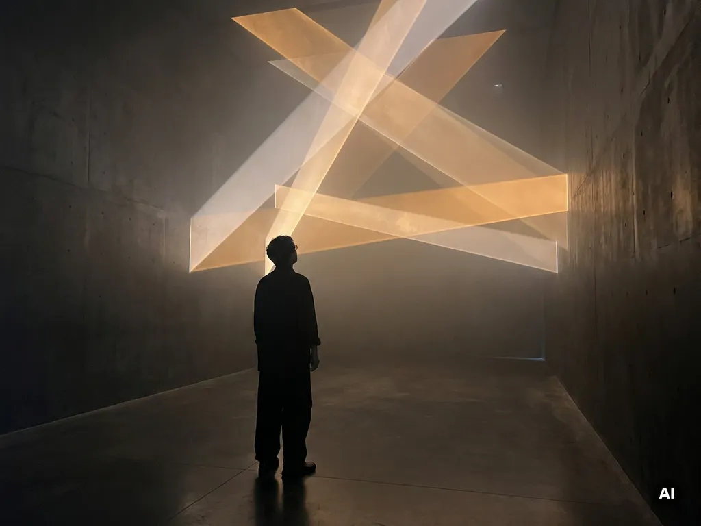 Solitary gallery visitor standing before a glowing immersive light installation, warm amber beams cutting through a dark minimal exhibition space.