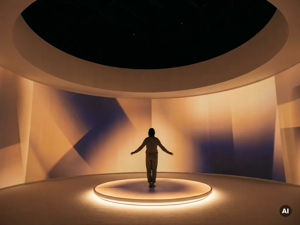 Visitor standing inside a glowing circular light installation with amber and indigo projections on curved white walls.