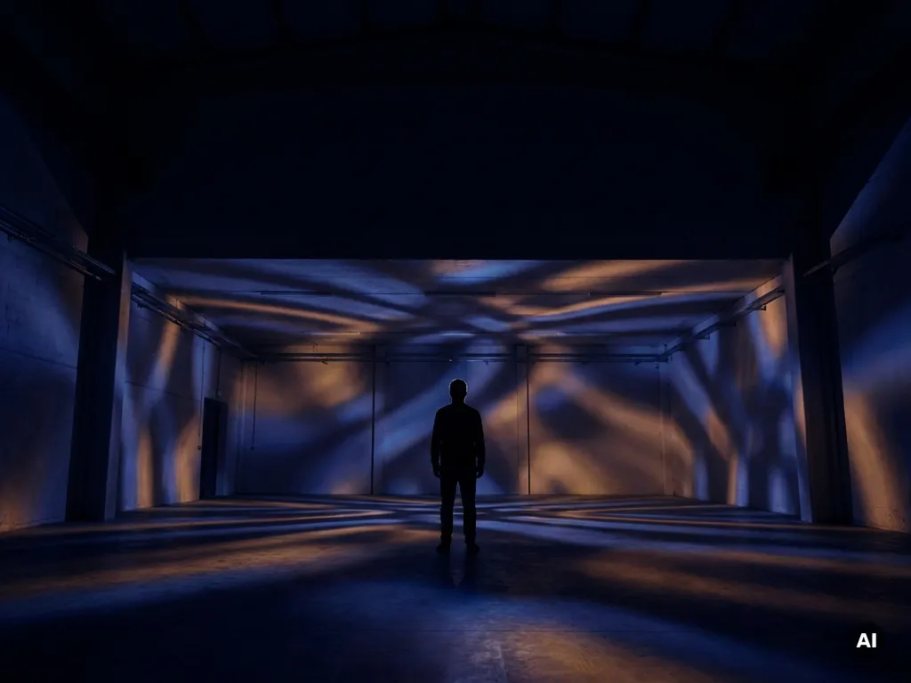 Lone figure immersed in projected geometric light patterns of midnight blue and amber flowing across walls, floor, and ceiling of a vast dark room.
