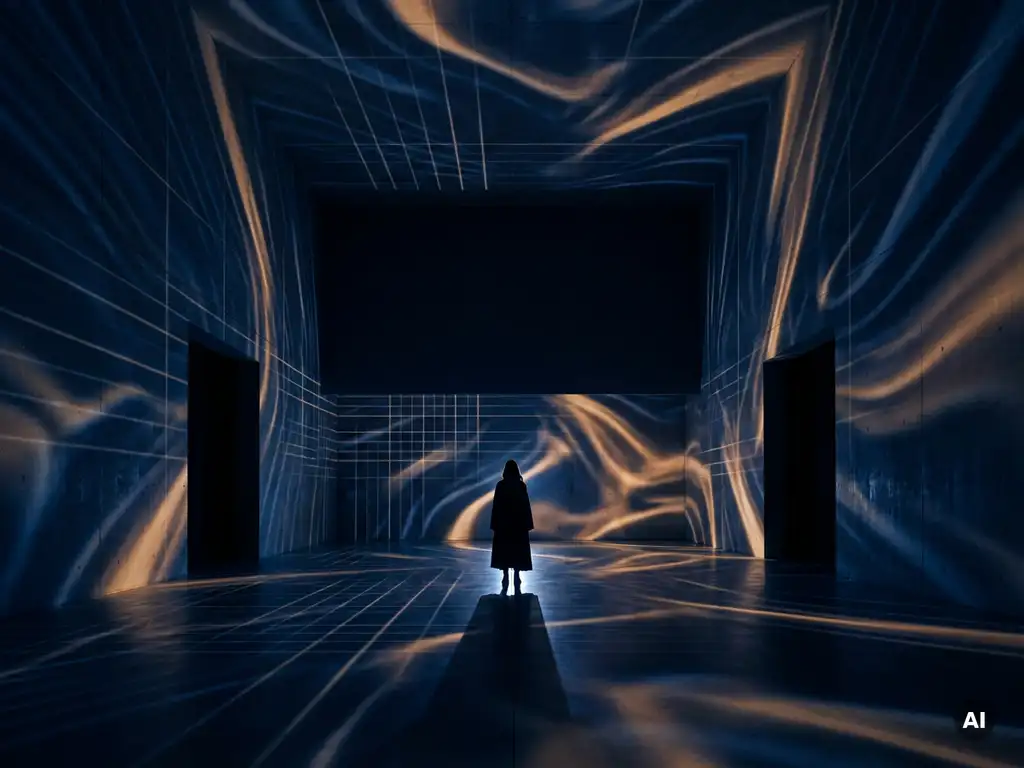 Person standing inside an immersive installation room with midnight blue and amber geometric light projections covering every wall and floor.