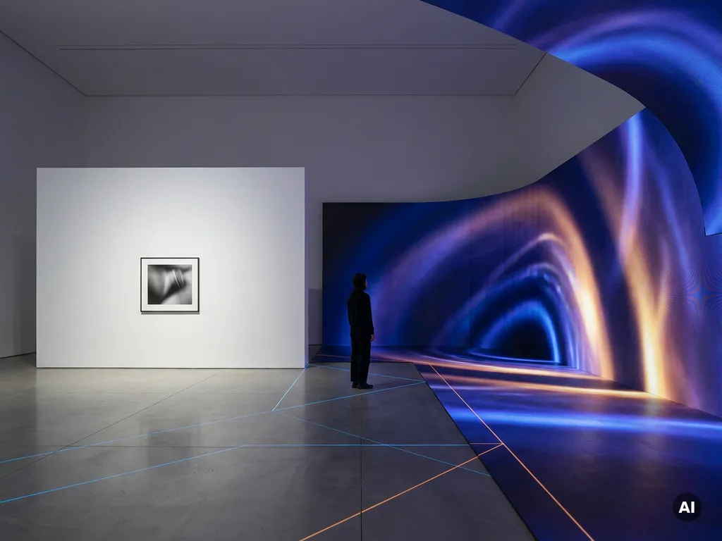 Lone visitor standing in immersive installation room with warm amber and indigo projection wrapping walls beside a white gallery framed artwork.