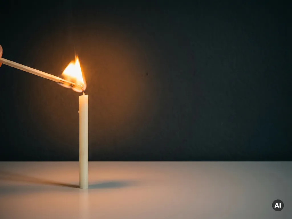 Lit match held above an unlit candle against a dark charcoal background, warm amber flame frozen mid-ignition in dramatic contrast.