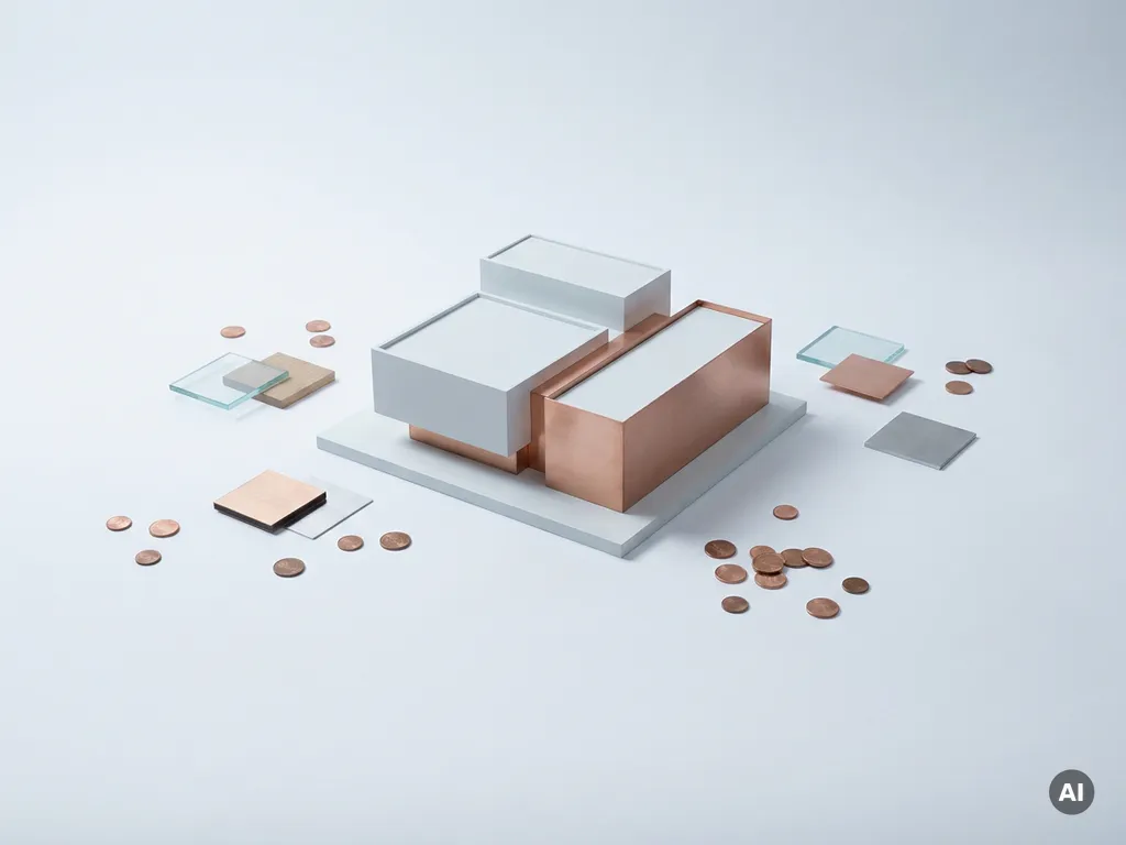 Architect's scale model of a museum surrounded by scattered copper coins and geometric material swatches on a white surface, flat lay studio shot.