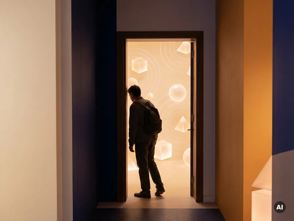 Person stepping through a glowing doorway into a room of floating geometric forms, with amber and indigo tones and concentric circles radiating outward.