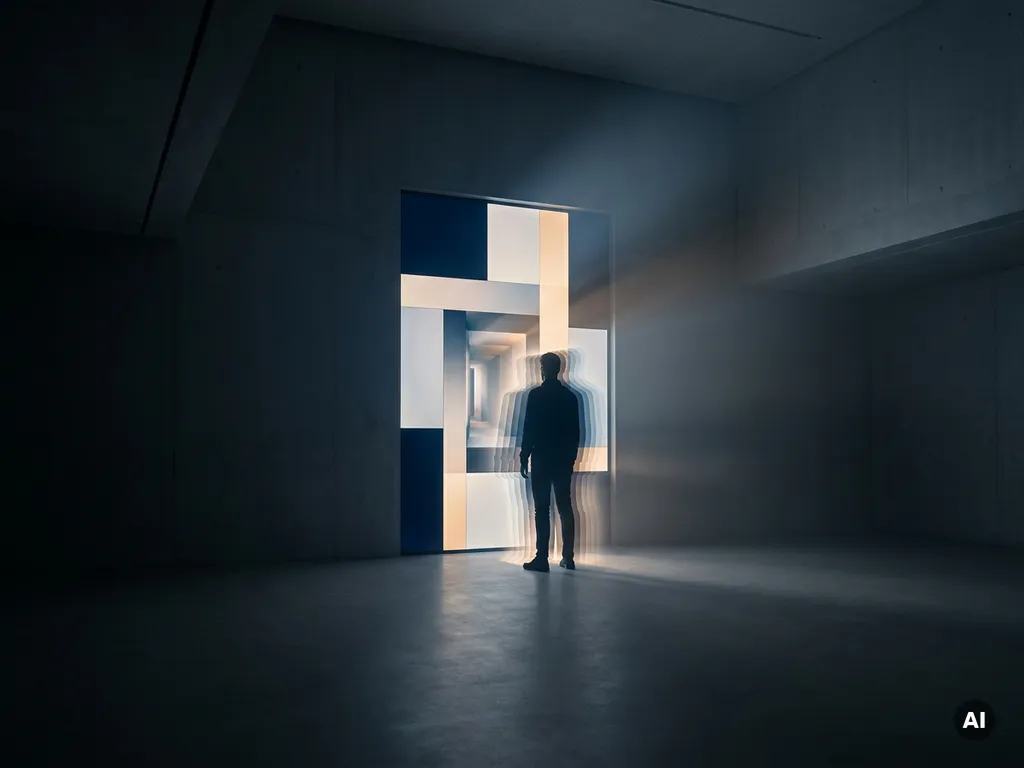 Silhouetted figure standing at a luminous geometric portal, dissolving into translucent planes of amber and pearl light against midnight blue darkness.