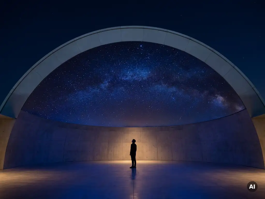 Silhouetted figure standing beneath a planetarium dome with starfield projection in deep indigo and amber tones.