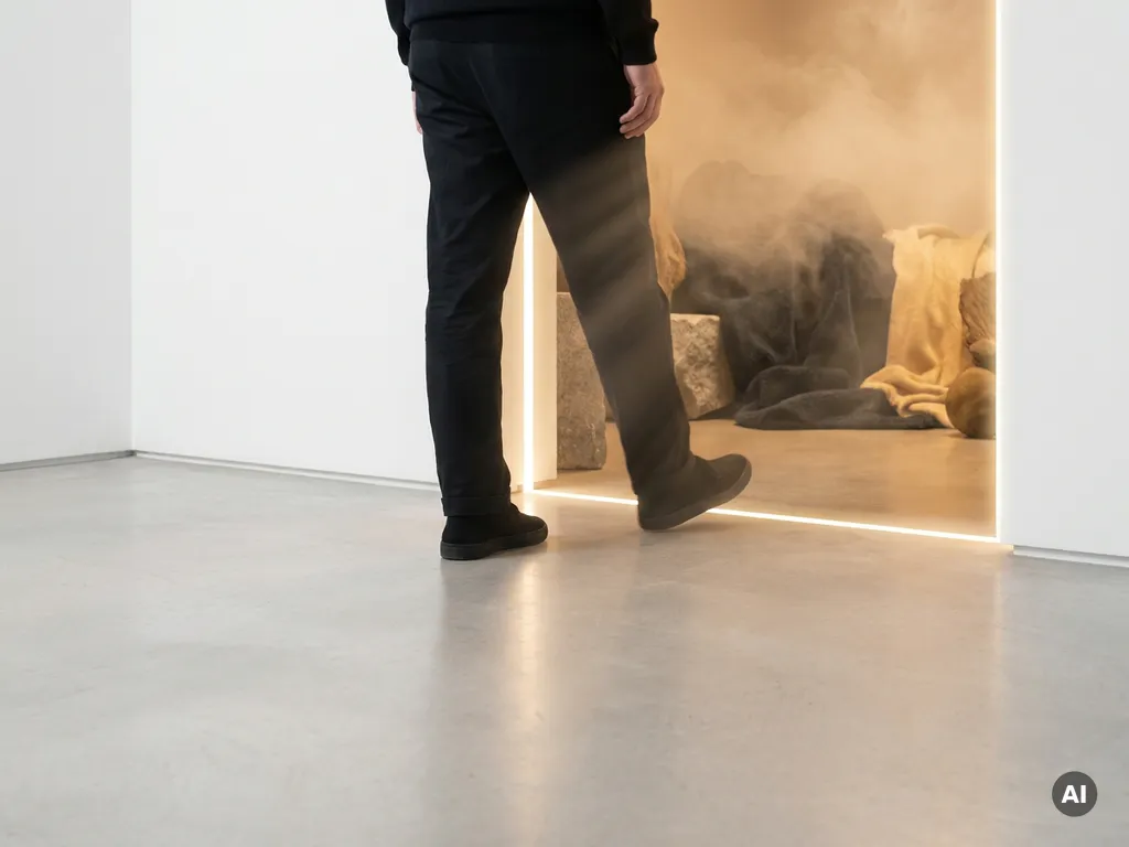 Person stepping through a glowing amber geometric doorway, transitioning from minimalist white space into a warm, misty sensory environment.