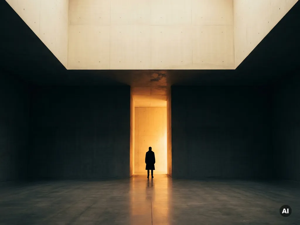 Silhouetted figure standing in a glowing amber doorway framed by smooth concrete walls, viewed from a low angle in a minimalist space.