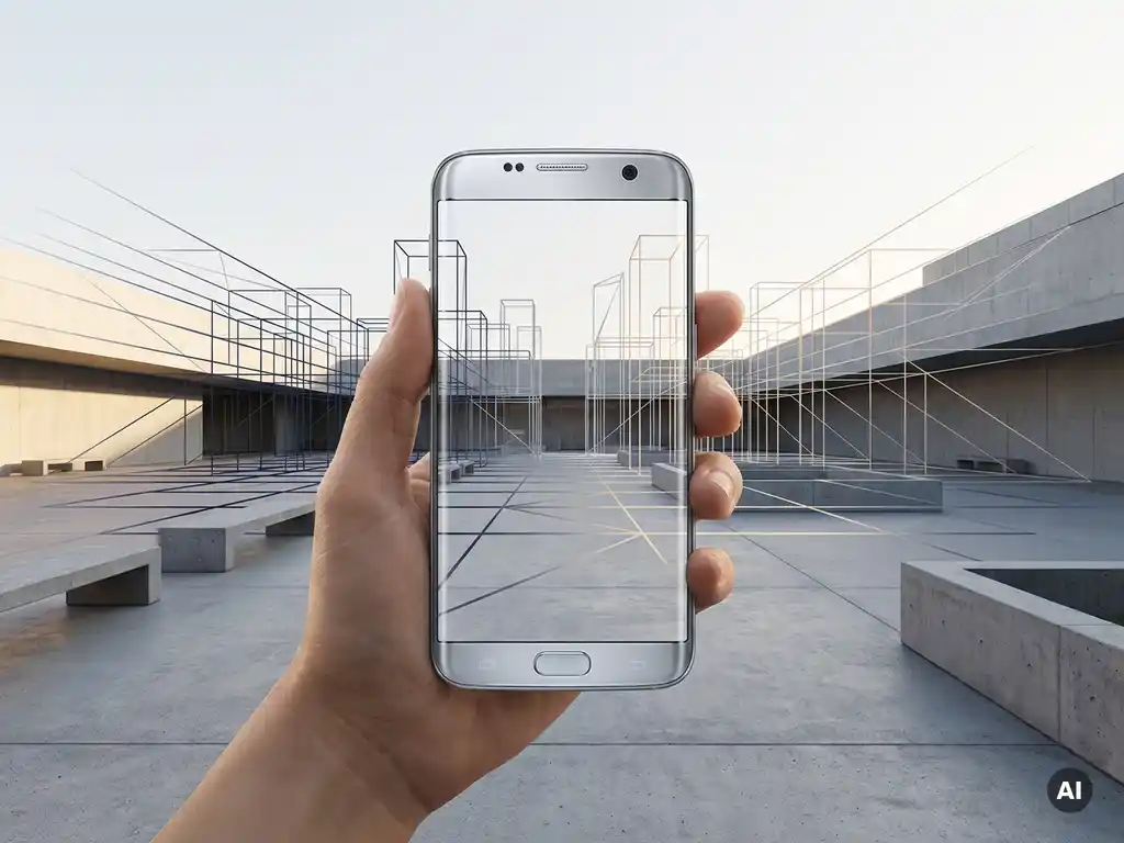 Smartphone projecting glowing AR wireframe cityscape over a concrete plaza, geometric grid lines blending with real architecture in navy, silver, and amber tones.