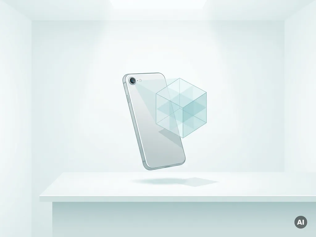Smartphone camera displaying a translucent 3D cube in augmented reality above a white surface, rendered in silver and teal tones.